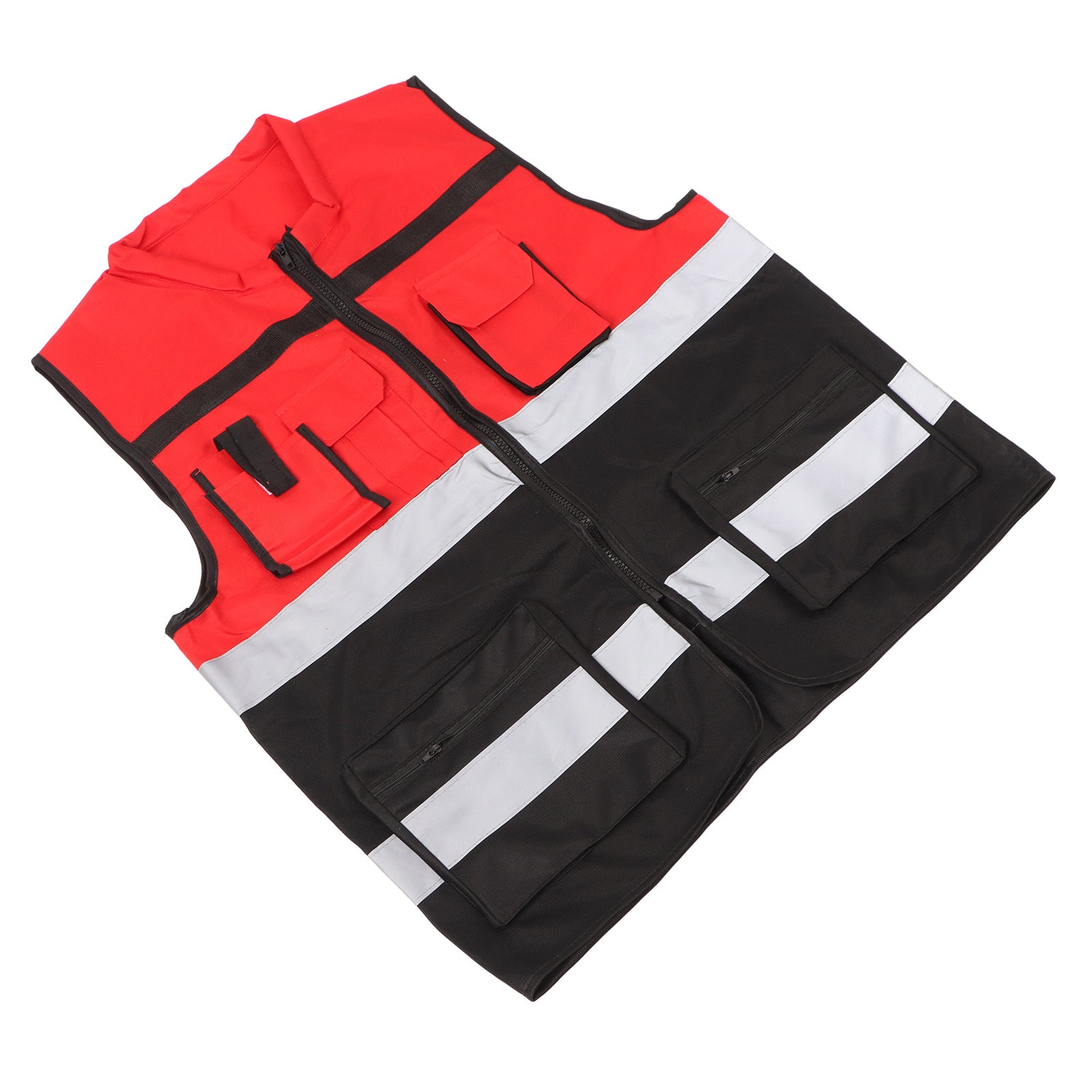 Reflective Vest Red and Black Blocking Round Neck Multiple Pocket Safety Work Vest for Construction Transportation