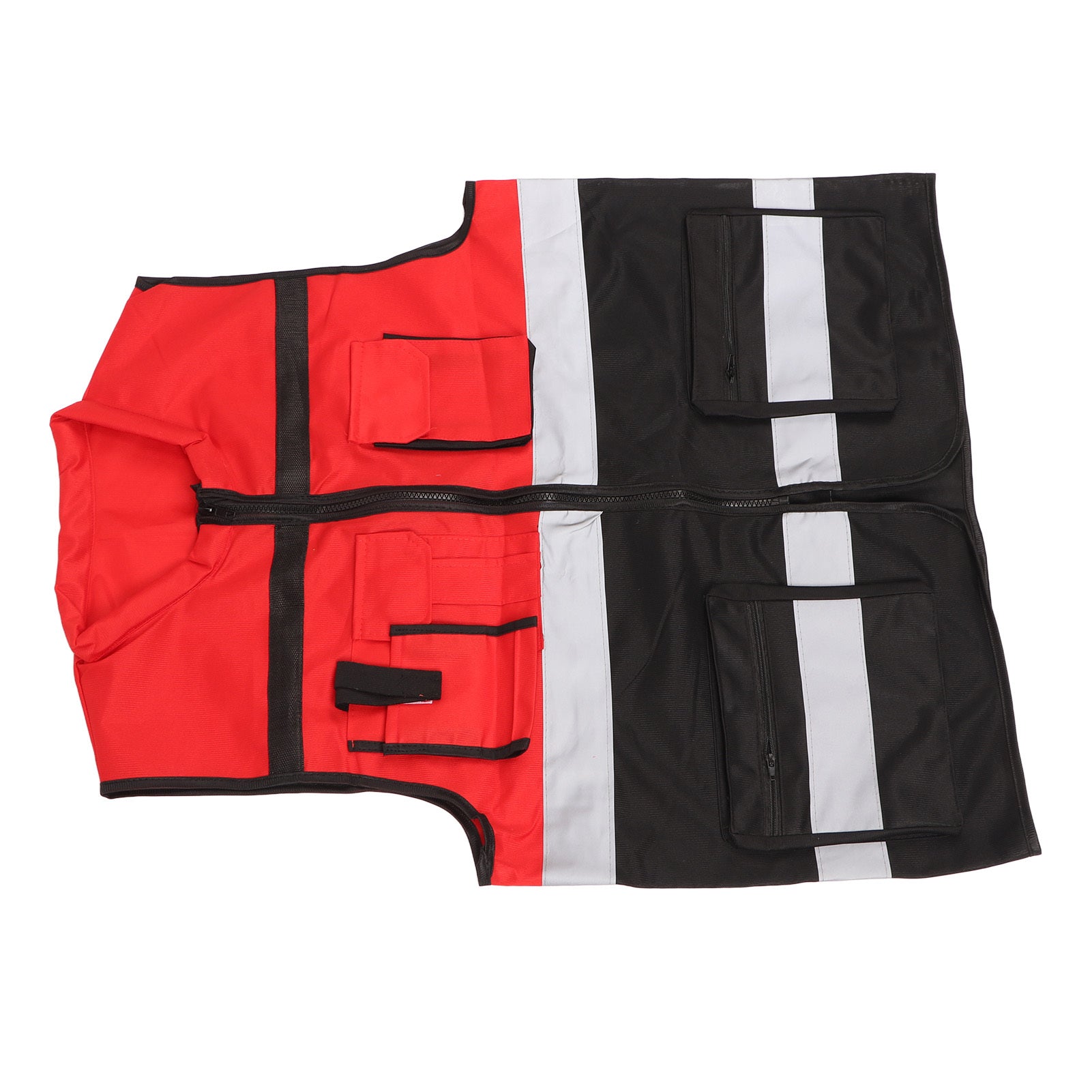 Reflective Vest Red and Black Blocking Round Neck Multiple Pocket Safety Work Vest for Construction Transportation