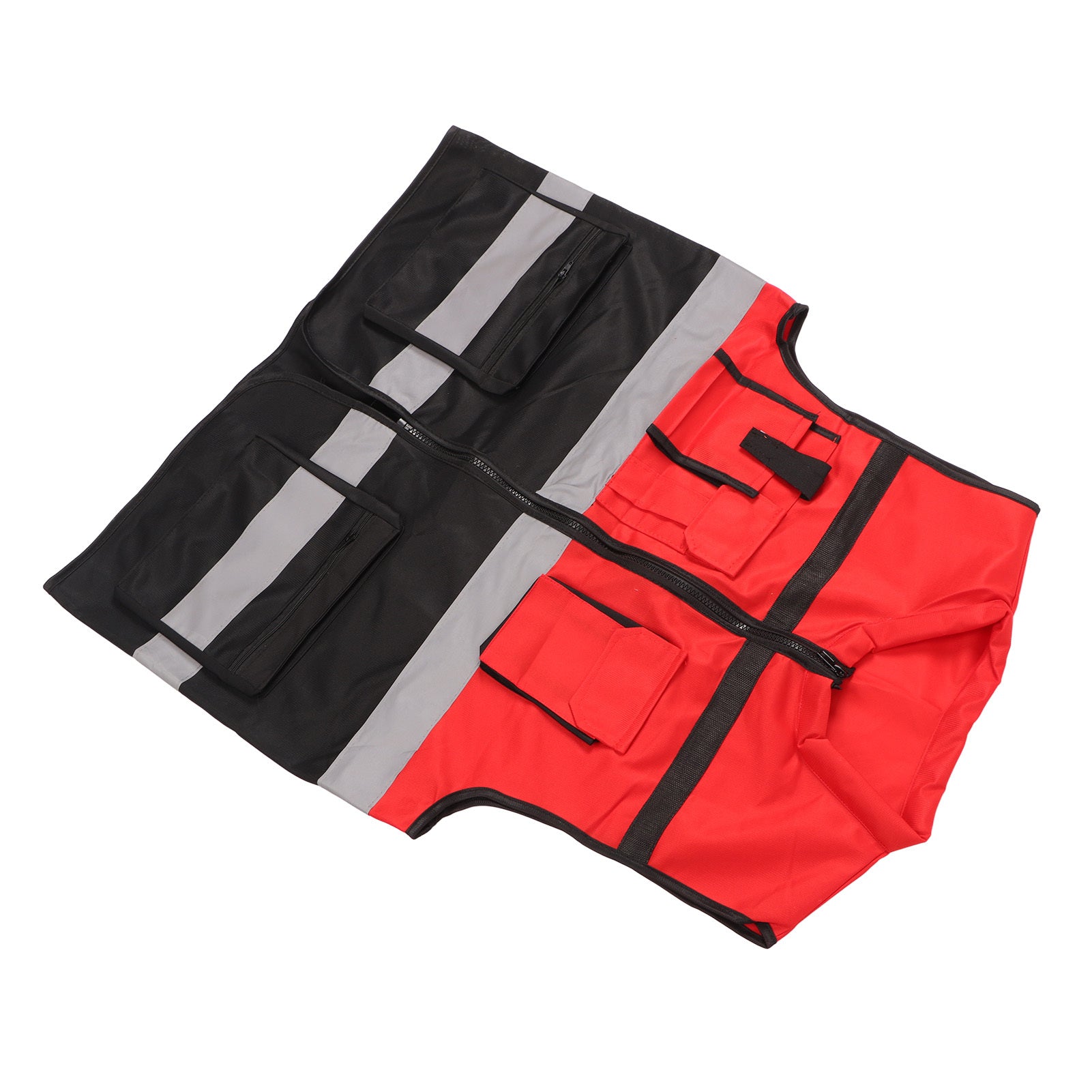 Reflective Vest Red and Black Blocking Round Neck Multiple Pocket Safety Work Vest for Construction Transportation