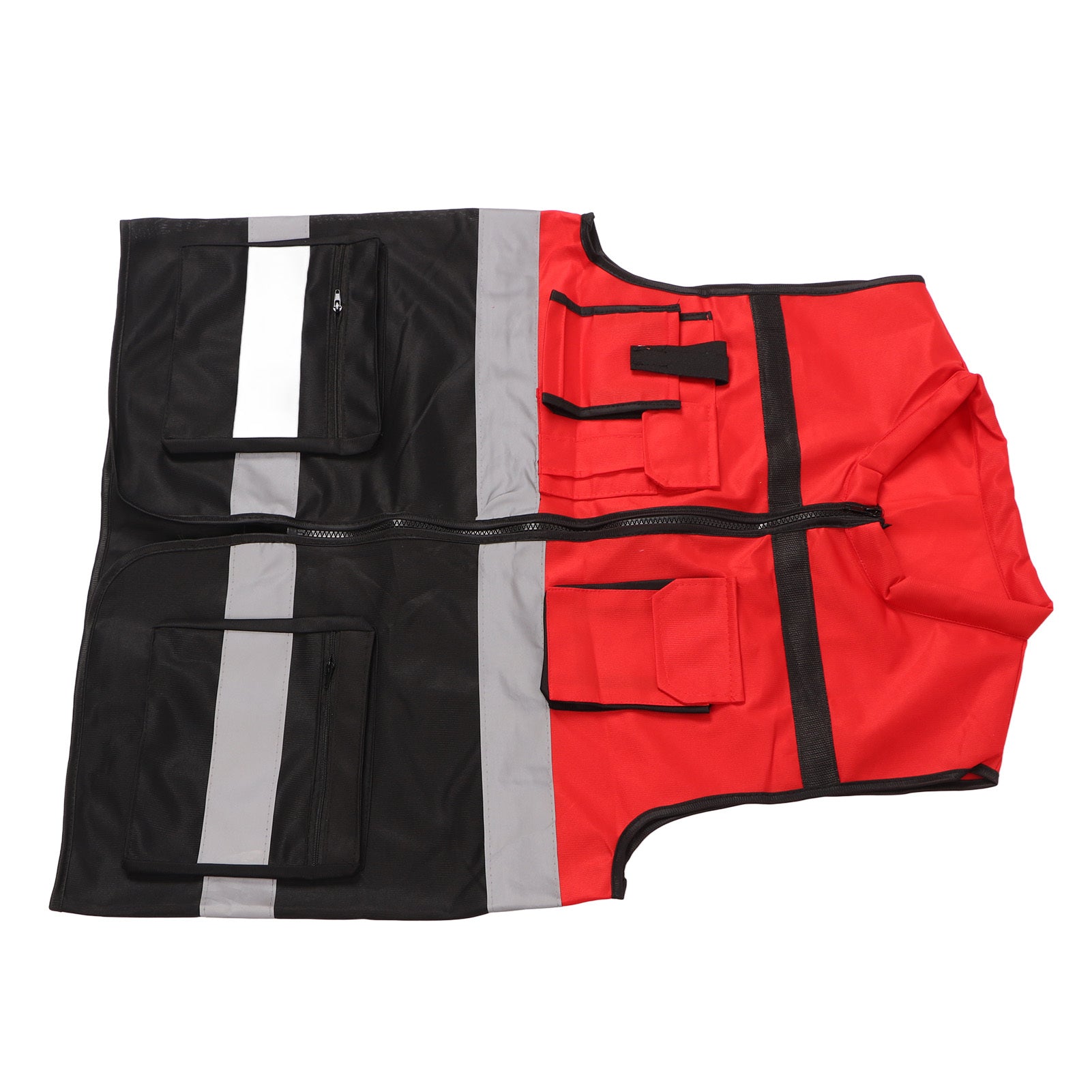 Reflective Vest Red and Black Blocking Round Neck Multiple Pocket Safety Work Vest for Construction Transportation