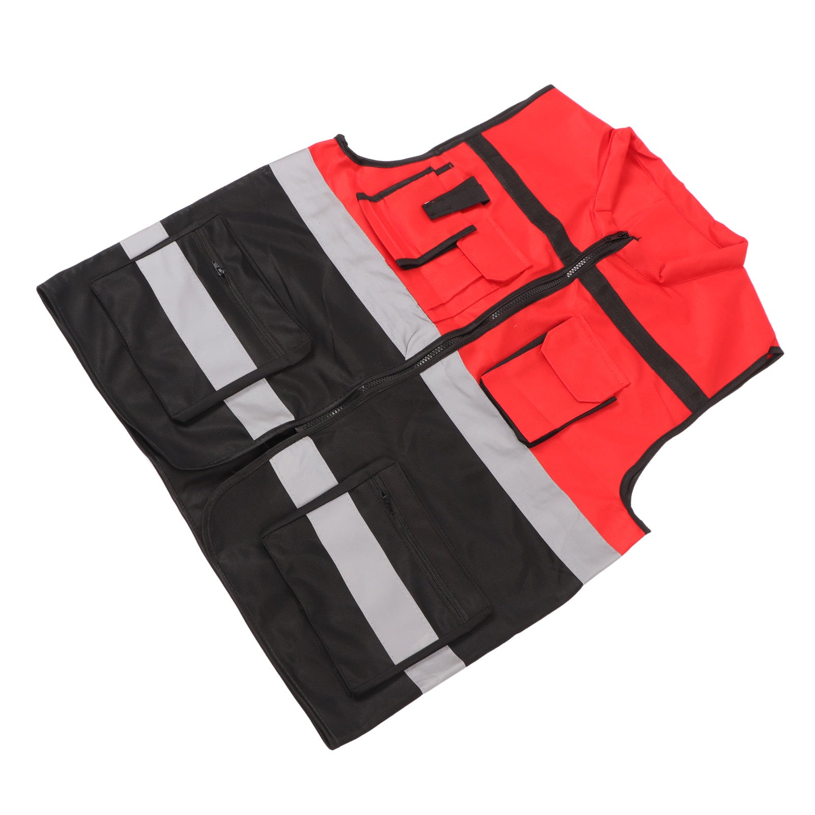 Reflective Vest Red and Black Blocking Round Neck Multiple Pocket Safety Work Vest for Construction Transportation