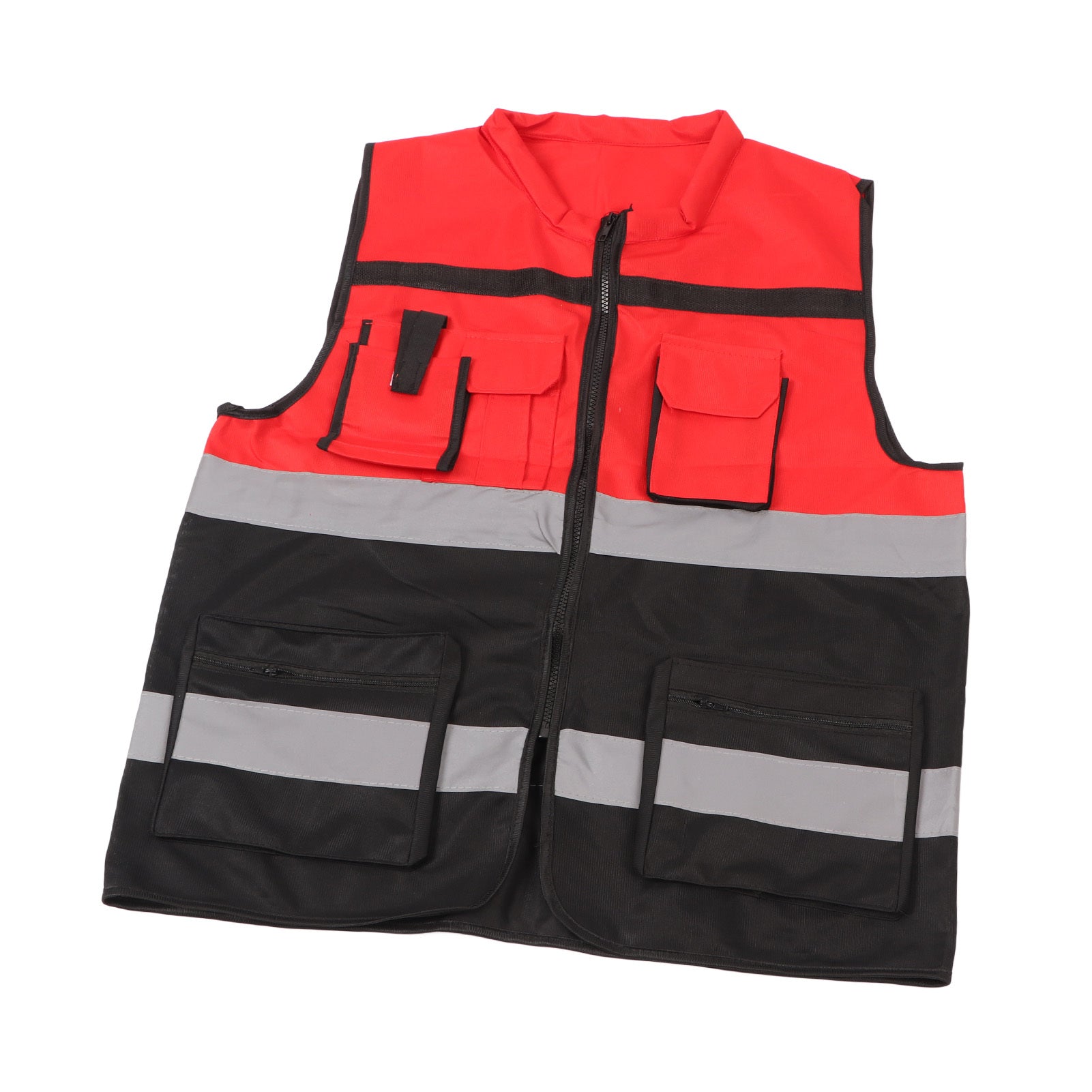 Reflective Vest Red and Black Blocking Round Neck Multiple Pocket Safety Work Vest for Construction Transportation