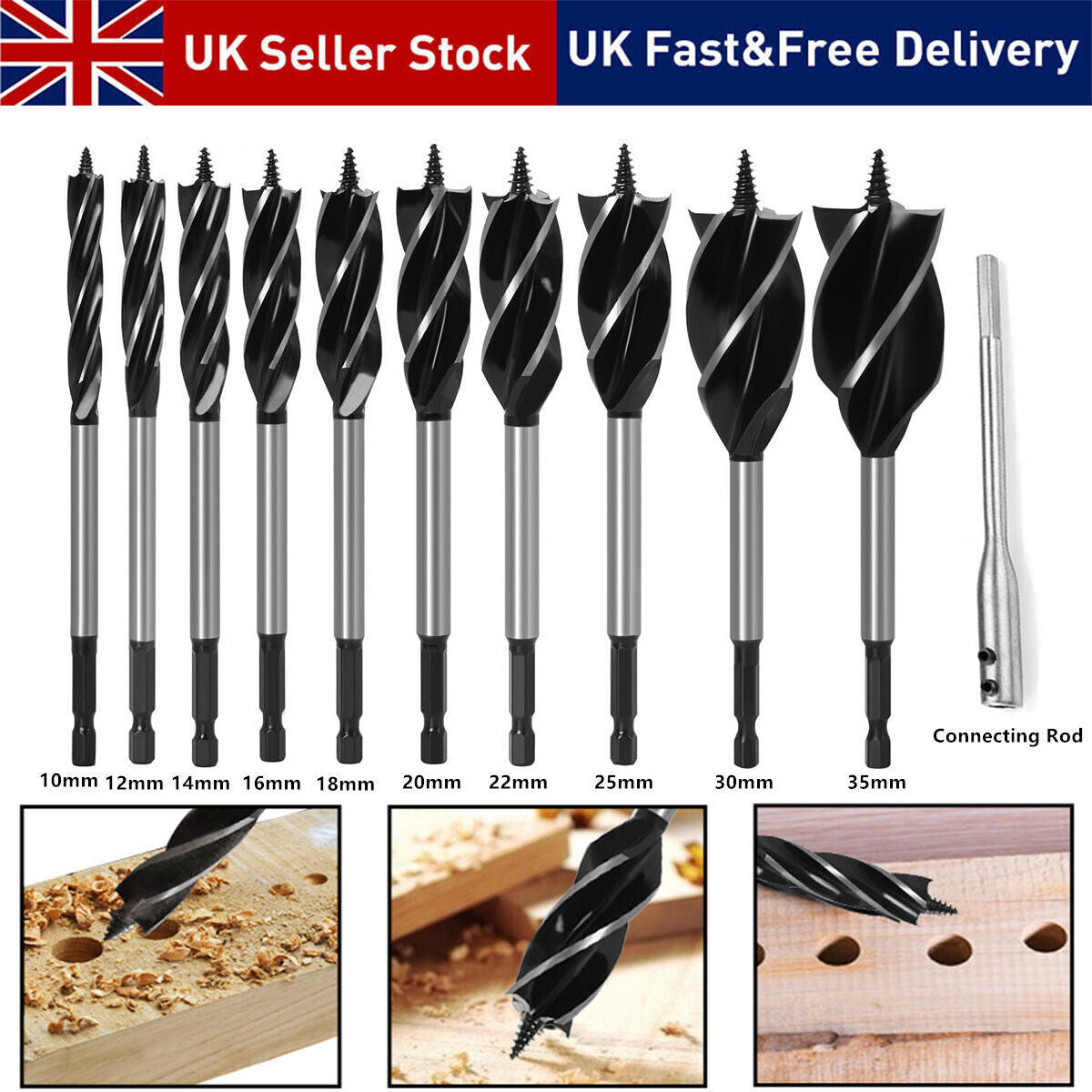 11 Pcs High-Carbon Steel Fast Cut Wood Auger Wood Drill Bit Tools Set 10-35MM UK