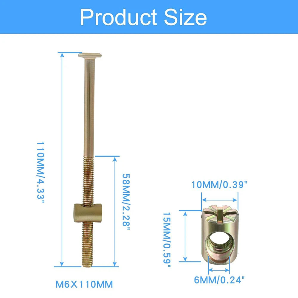 10 set M6 x 110mm Bed Bolts, Hex Drive Socket Furniture Barrel Screws Bolt Nuts Furniture Crib Baby Bed Bolt