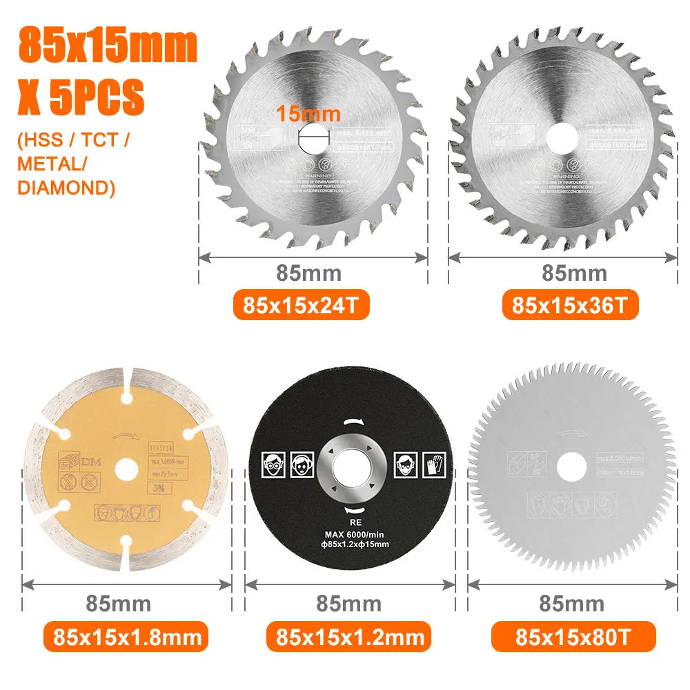 XCAN 5pcs 85mm Cutting Tool Wood Saw Blades for Multi-function Power Tool Circular Saw Blade Bore 10mm 15mm Wood Cutting Disc