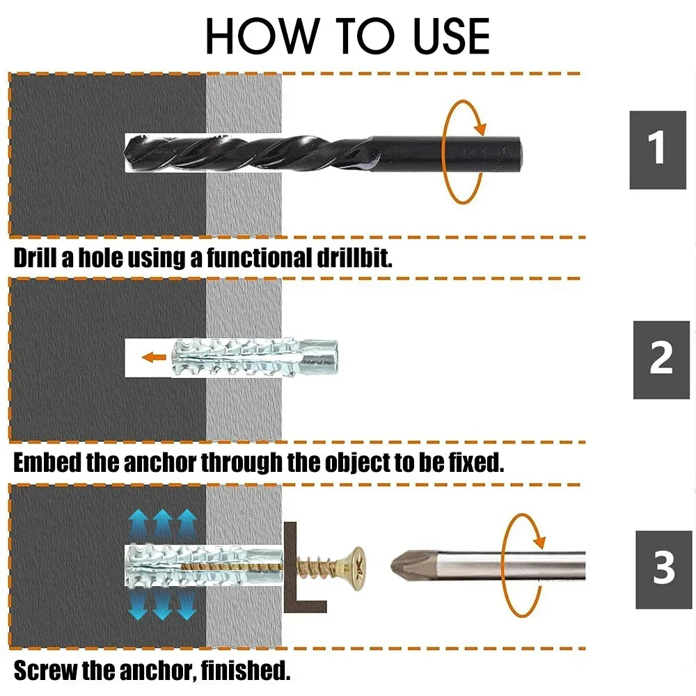120/10Set Serrated Metal Expansion Tube Self Tapping Screw Pipe Drilling Plug for Concrete Wall Anchors Fasteners Bolt Kits