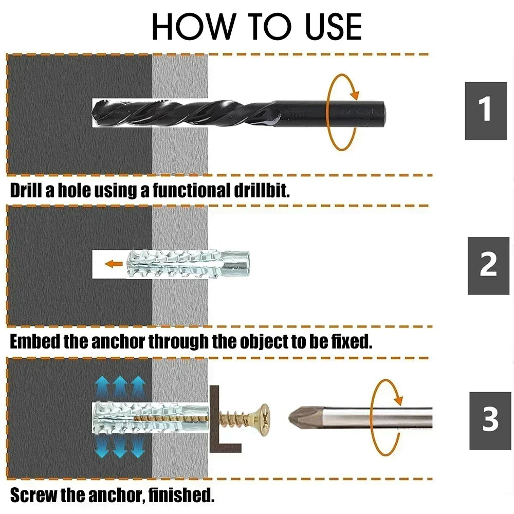 100/10sets Metal Serrated Expansion Tube Self Tapping Screws Pipe Drilling Plug for Concrete Wall Anchors Fasteners Bolt Kits