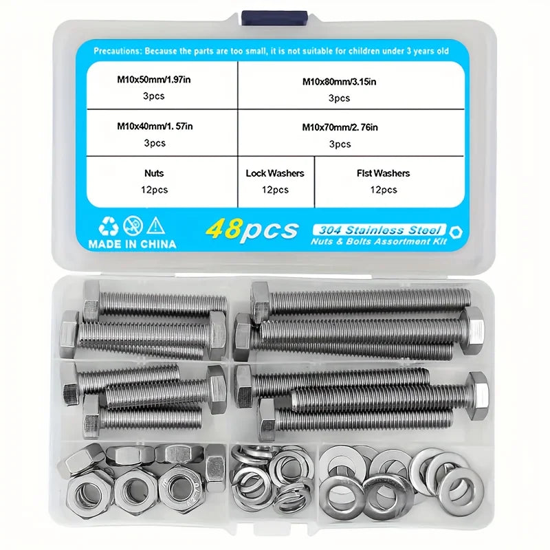 M6 M8 M10 Heavy Duty Bolts And Nuts Assortment Kit, 304 Stainless Steel, Includes 8 Most Common Sizes