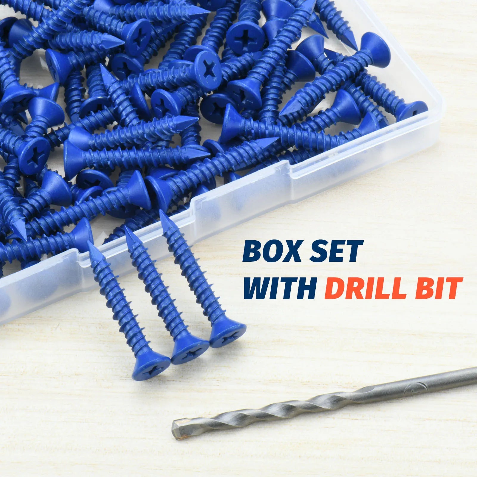 3/16" or 1/4" Concrete Screw Anchor Blue Flat Head Screws for Masonry Brick Block Cement Stucco (Boxed with Drill Bit)