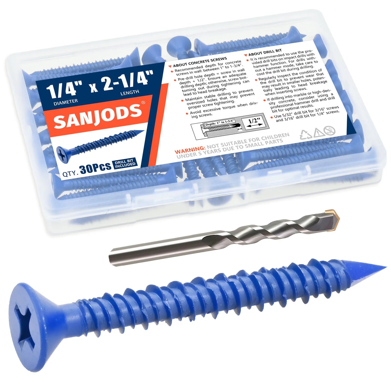 3/16" or 1/4" Concrete Screw Anchor Blue Flat Head Screws for Masonry Brick Block Cement Stucco (Boxed with Drill Bit)