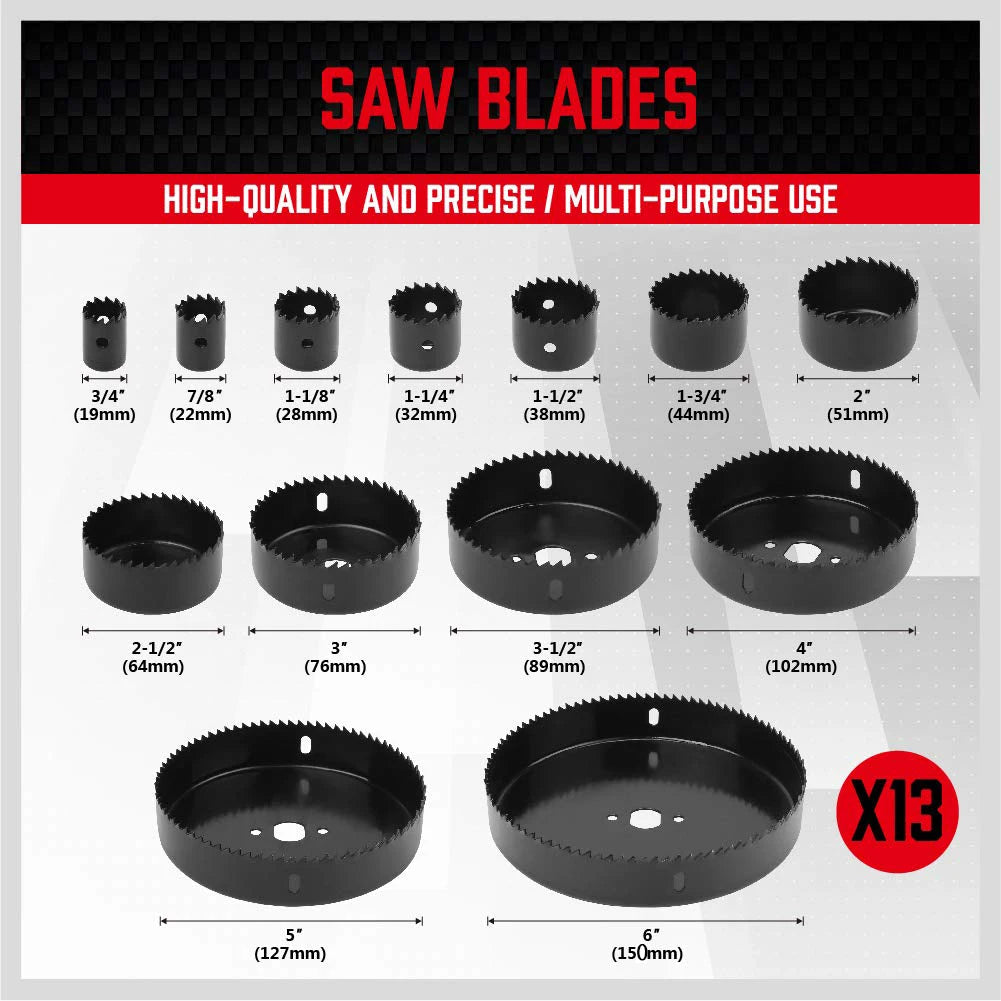 Hole Saw Set 19PCS Hole Saw Kit with 3/4"-6"19-152mm Hole Saw Mandrels Hex Key with Storage Box Ideal for Soft Wood PVC Board