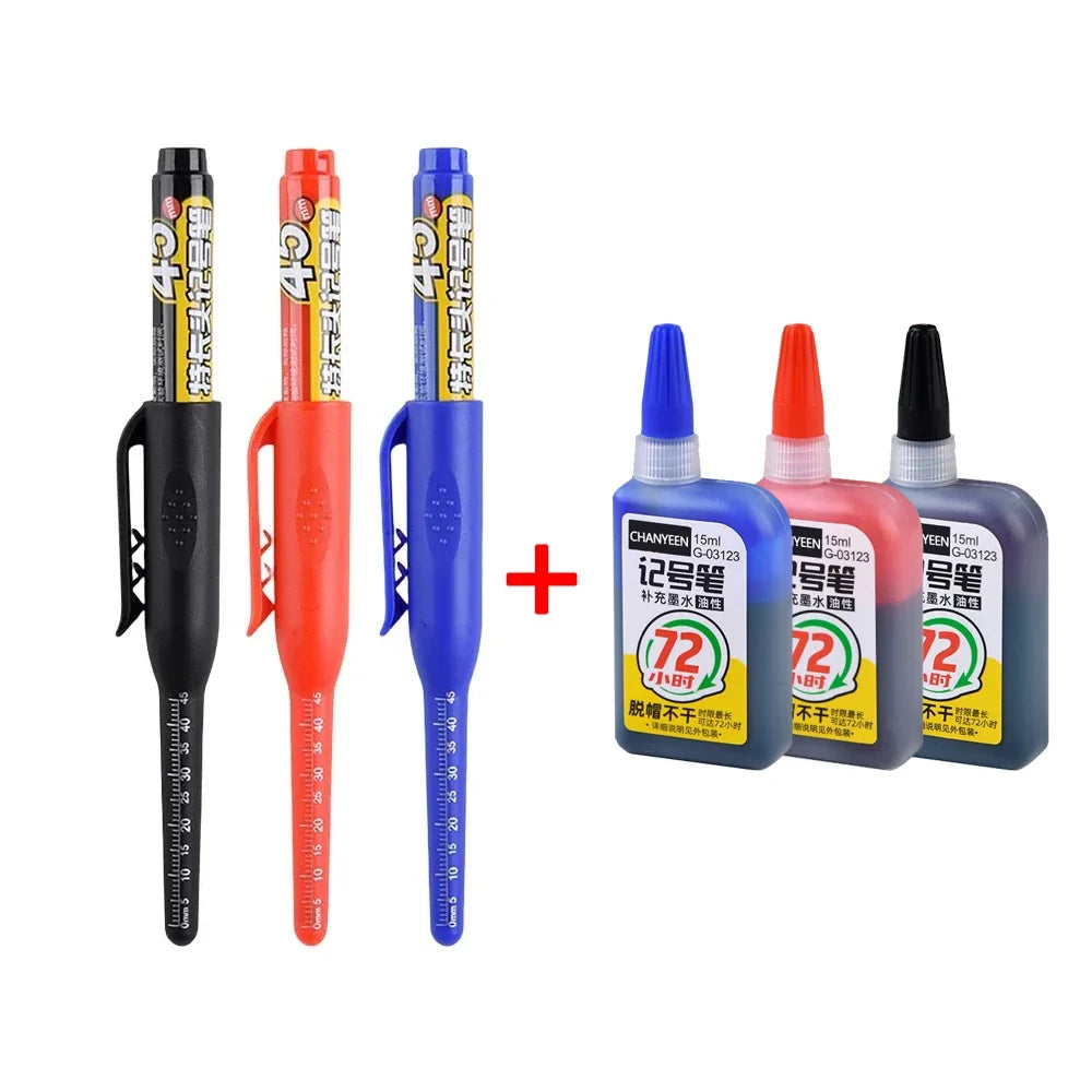 45mm Waterproof Deep Hole Marker Pens Long Nib Head Carpenter Pen Black/Blue/Red Ink for Multi-Purpose Woodworking Hand Tools