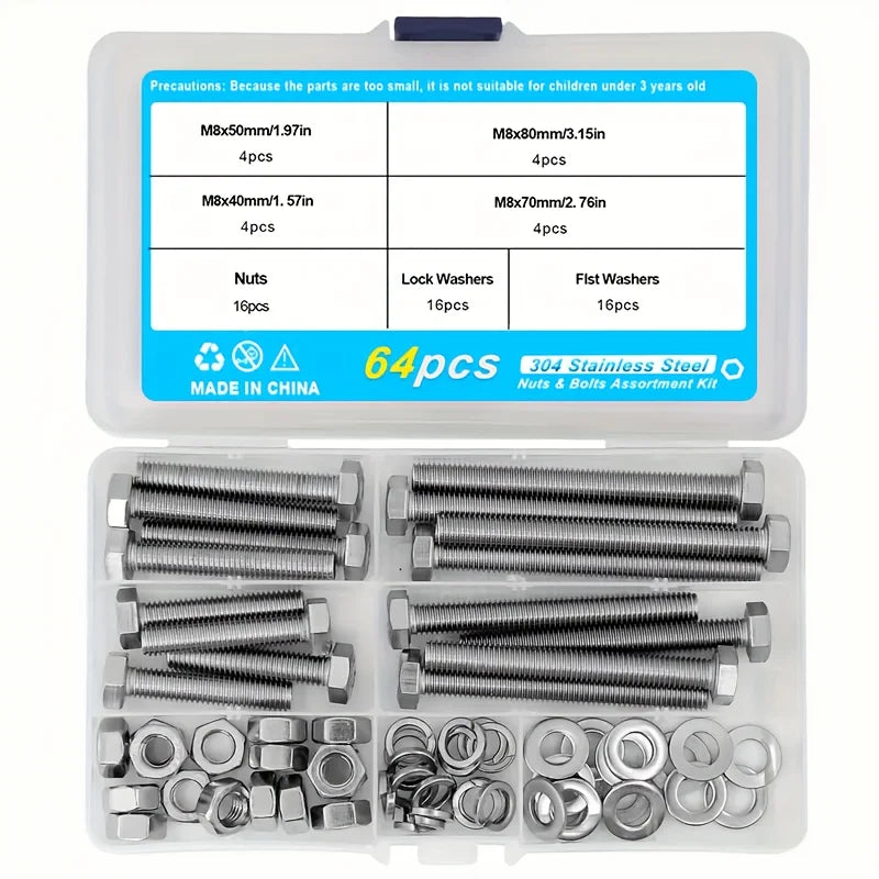 M6 M8 M10 Heavy Duty Bolts And Nuts Assortment Kit, 304 Stainless Steel, Includes 8 Most Common Sizes