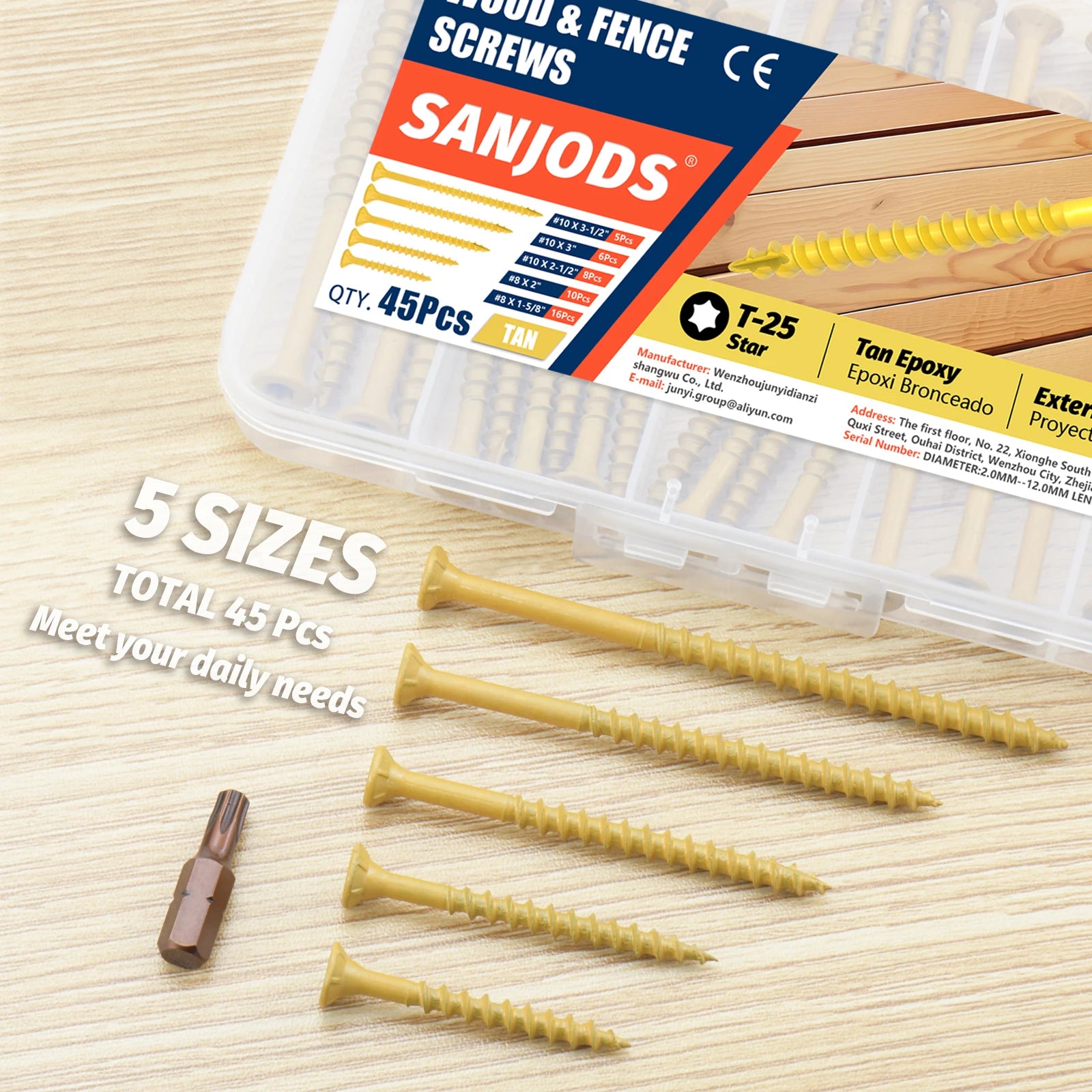 Wood Screws Assortment Kit 45pcs Rust Resistant Deck Screw Exterior Epoxy Coated Outdoor Decking Screws Torx Star Drive Head Tan