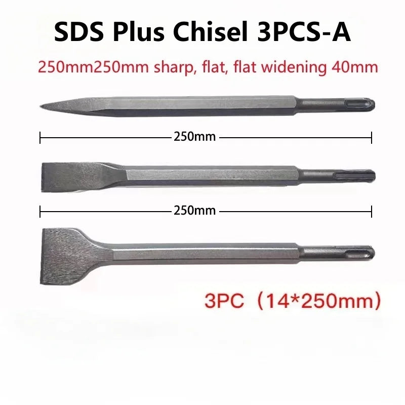 250mm Chisel Set SDS Plus Shank Electric Hammer Drill Bit Point Groove Flat Chisel Masonry Tools for Concrete Brick Wall Rock