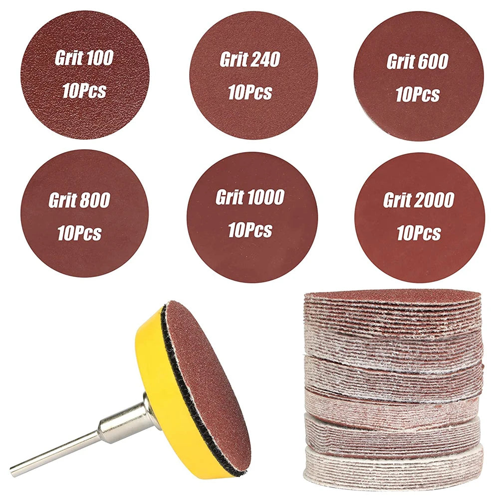 60pcs/Set 2 inch Sanding Discs Pad Kit for Drill Grinder Rotary Tools with Backer Plate Includes 100-2000 Grit Sandpapers Kits A