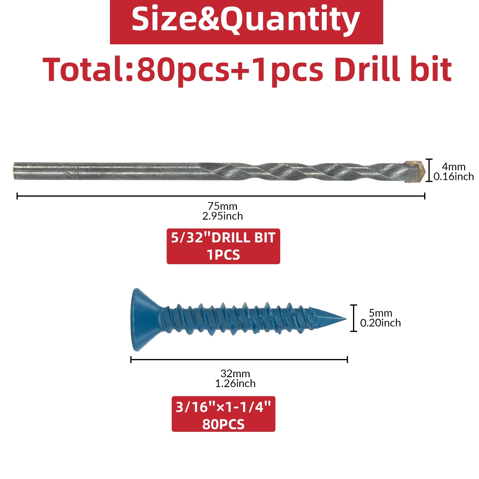 80pcs 3/16" Or 1/4" Concrete Screw Anchor, Blue Flat Head Screws for Anchoring to Masonry Brick Block Cement Or Stucco