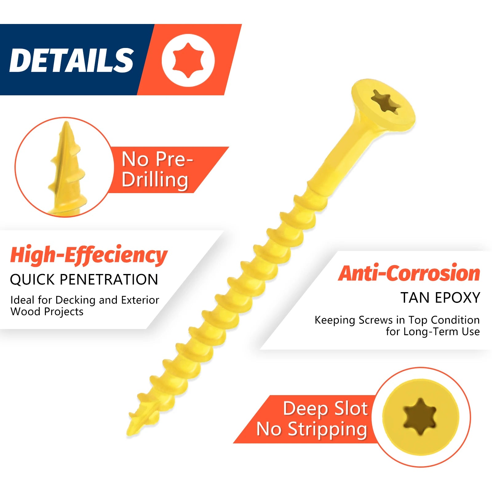 Wood Screws Assortment Kit 45pcs Rust Resistant Deck Screw Exterior Epoxy Coated Outdoor Decking Screws Torx Star Drive Head Tan