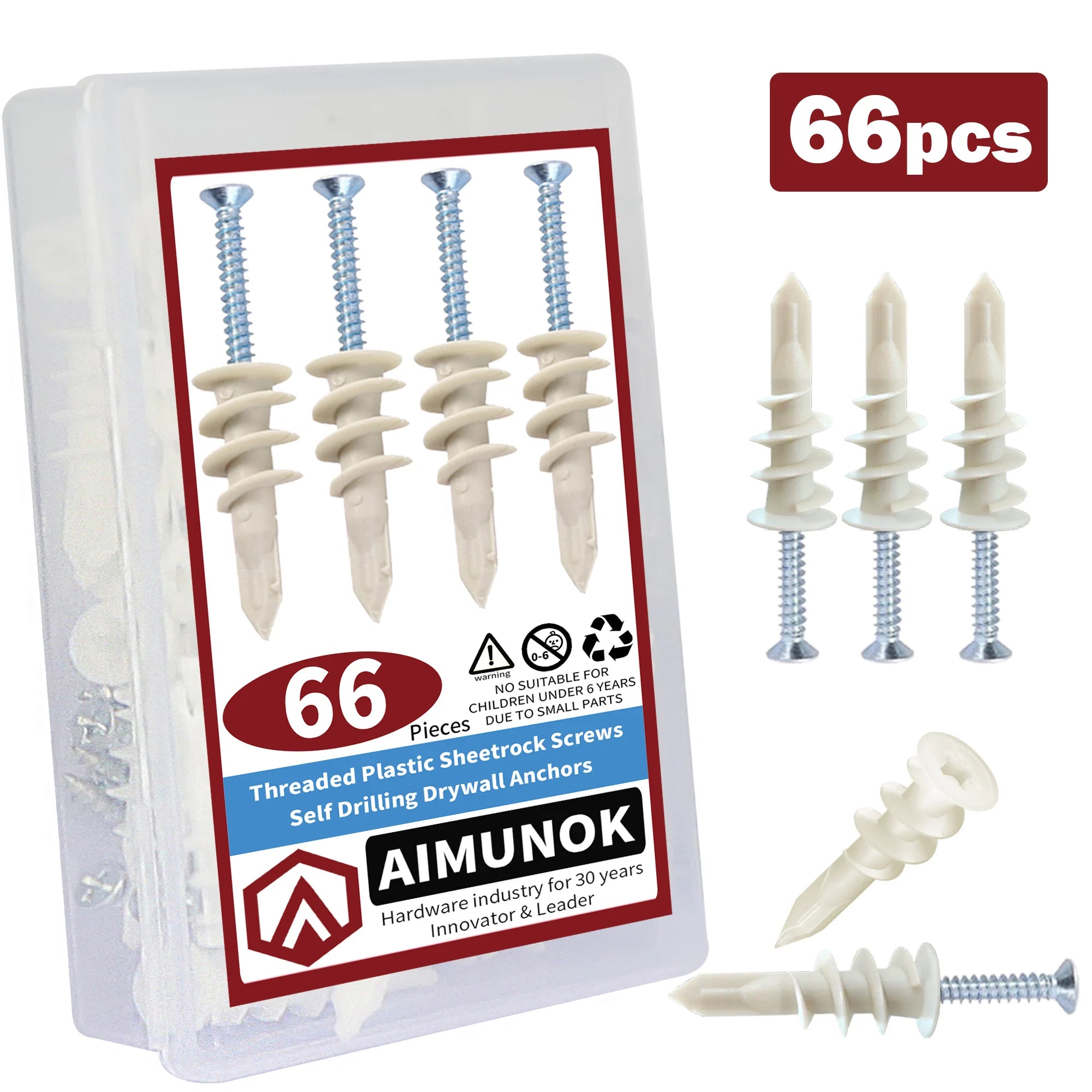 66pcs Self Drilling Drywall Anchors, Wall Anchors and Screws for Drywall, 33 Anchors + 33#8 x 1-1/8'' Screws