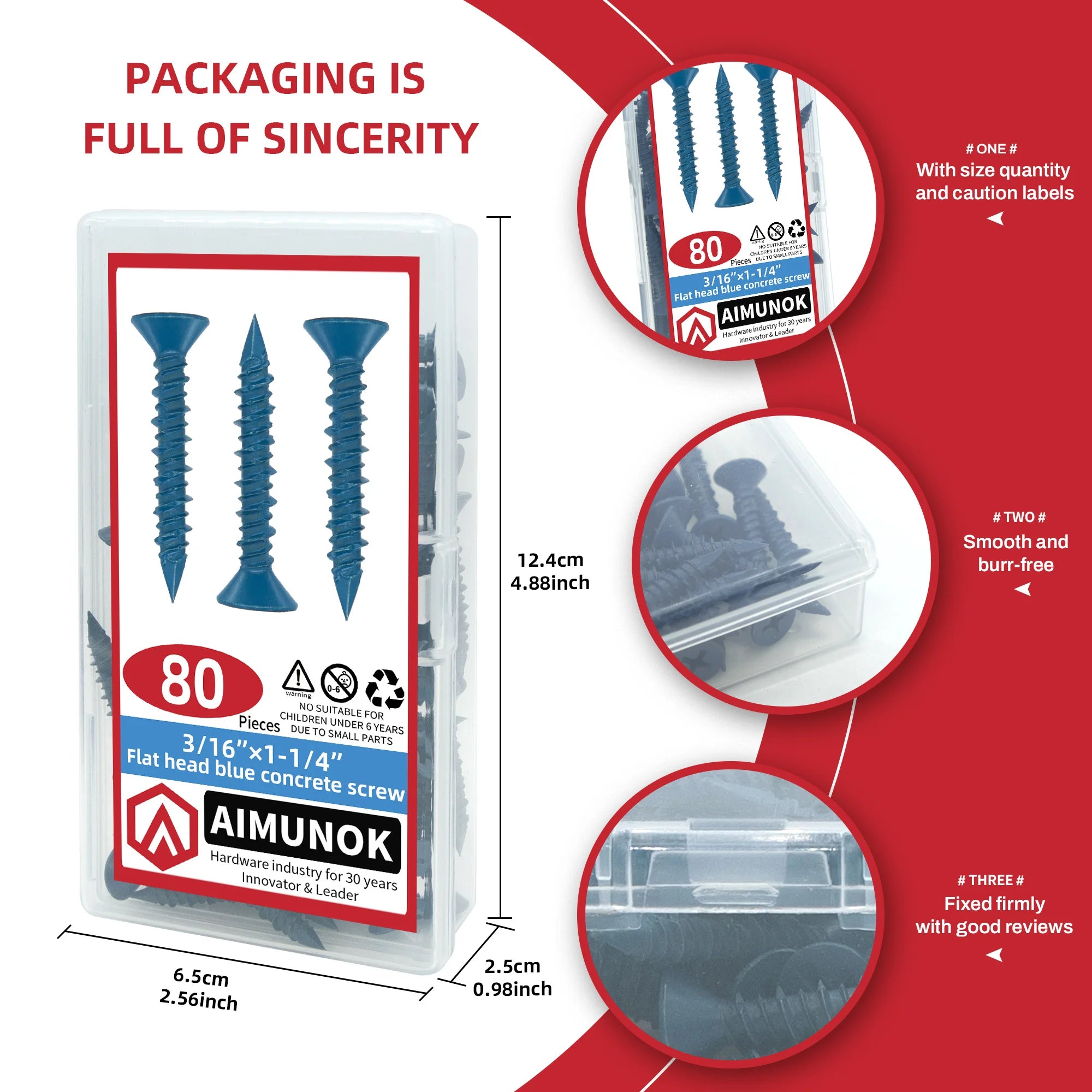 80pcs 3/16" Or 1/4" Concrete Screw Anchor, Blue Flat Head Screws for Anchoring to Masonry Brick Block Cement Or Stucco