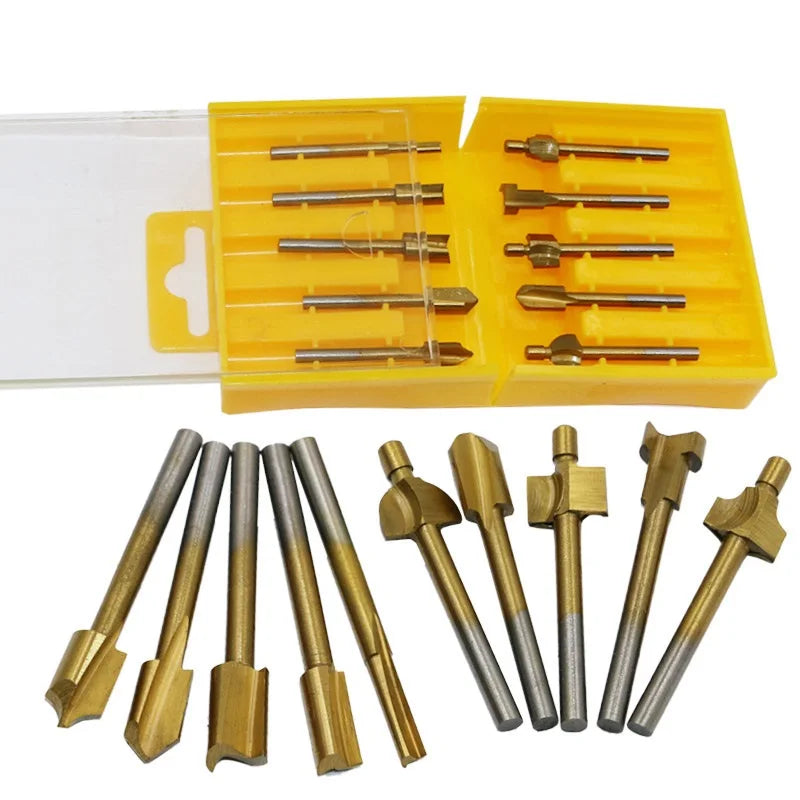 10pcs 1/8" HSS Titanium Coated Woodworking Router Bits Wood Cutter Milling used for Dremel HT980