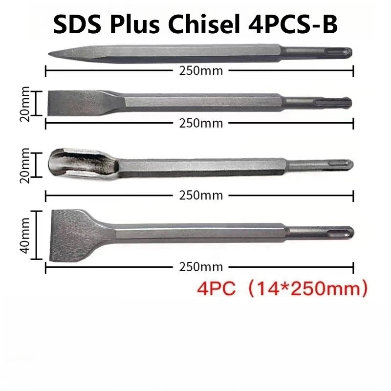 250mm Chisel Set SDS Plus Shank Electric Hammer Drill Bit Point Groove Flat Chisel Masonry Tools for Concrete Brick Wall Rock