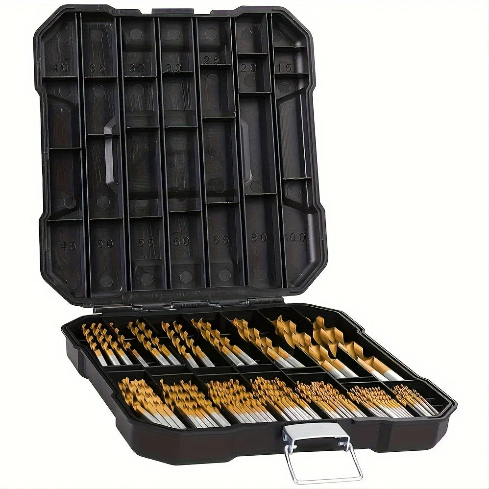 99 Pieces Titanium Twist Drill Bit Set, 135 Tip High Speed Steel, Size from 1/16" Up to 3/8", Ideal Drilling in Wood/Cast Iron