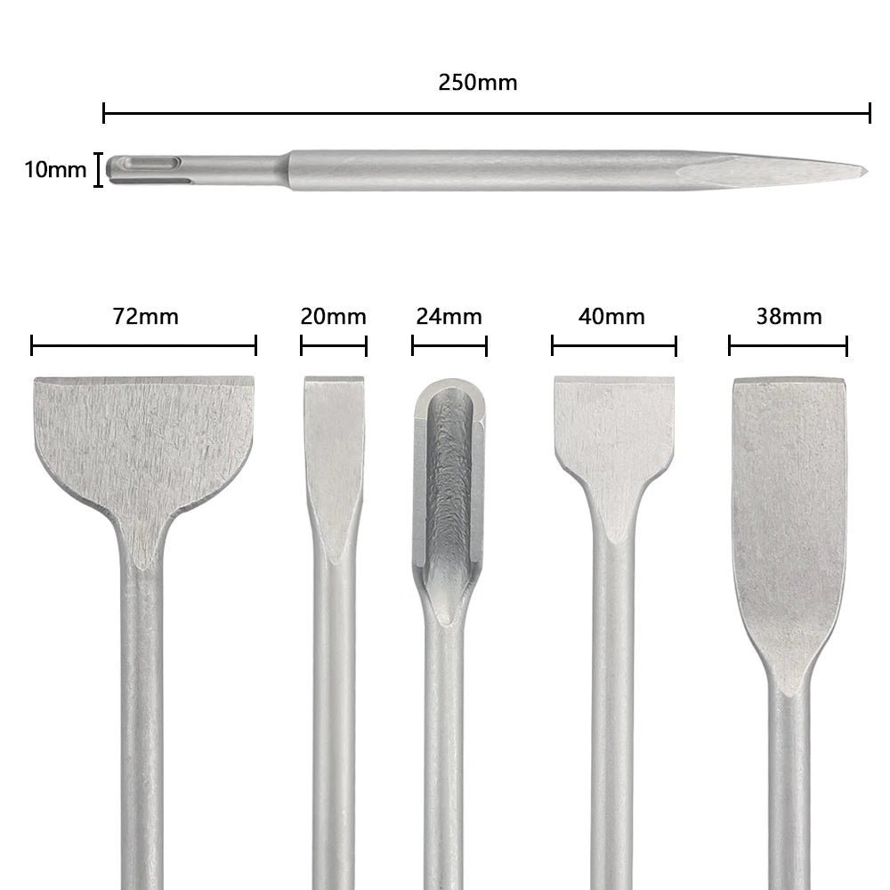 250mm Chisel Set SDS Plus Shank Electric Hammer Drill Bit Point Groove Flat Chisel Masonry Tools for Concrete Brick Wall Rock