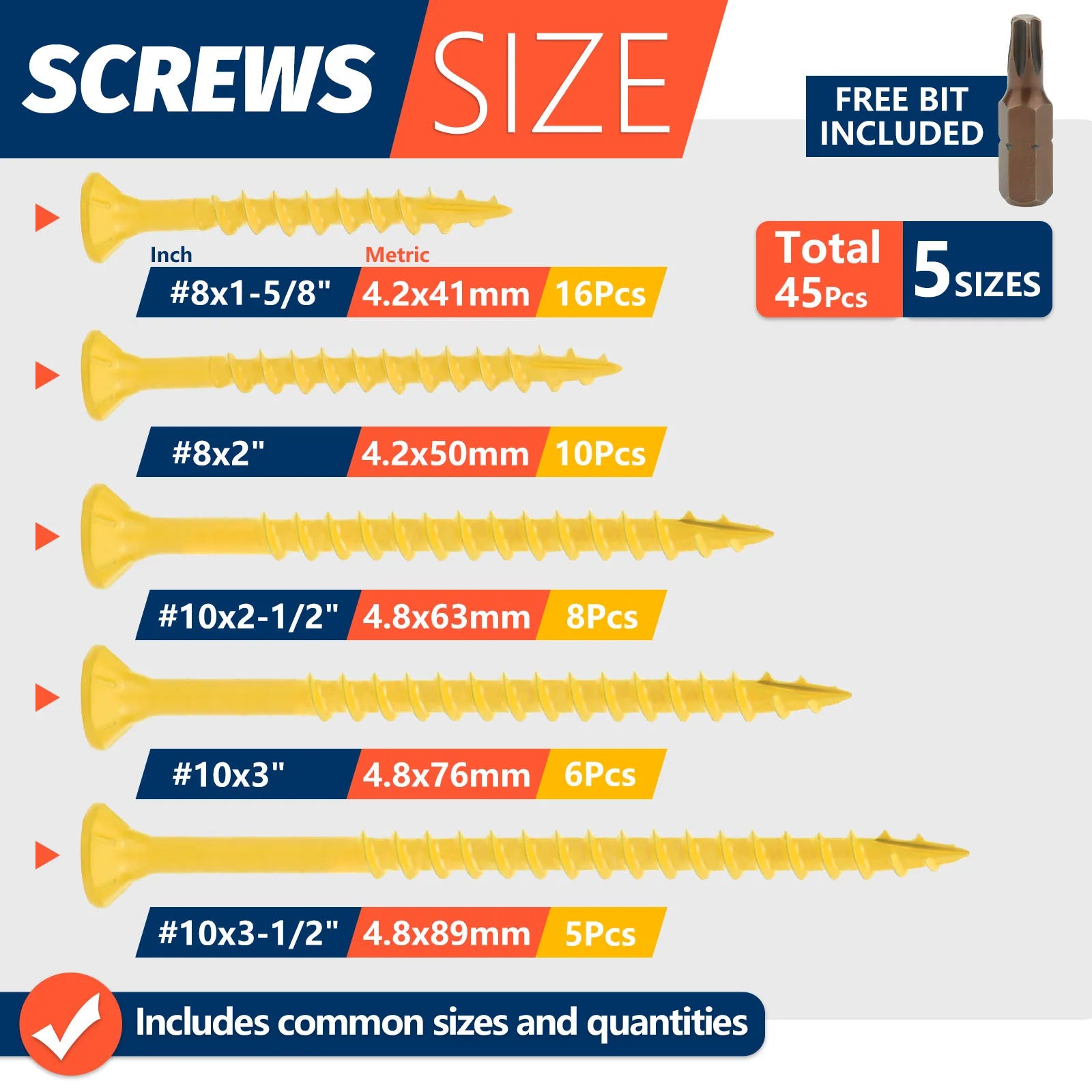 Wood Screws Assortment Kit 45pcs Rust Resistant Deck Screw Exterior Epoxy Coated Outdoor Decking Screws Torx Star Drive Head Tan
