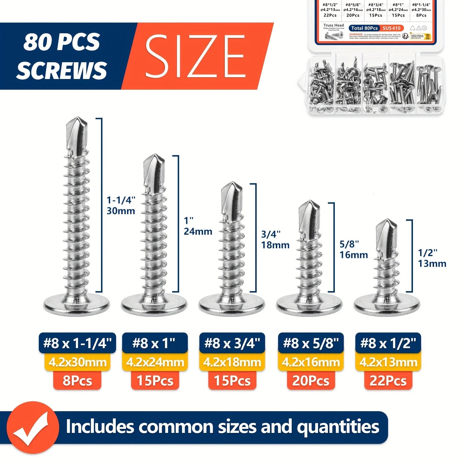 #8 Modified Truss Head Sheet Metal Screws Assortment Kit 410 Stainless Steel Self Tapping Drilling Screws for Metal Plastic Wood