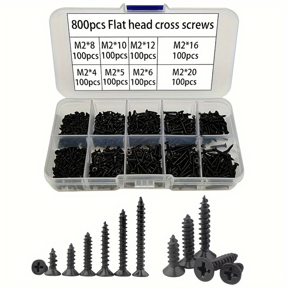 800pcs M2 Black Phillips Self Tapping Screw Assortment Kit, Locking Screws And Wood Screws