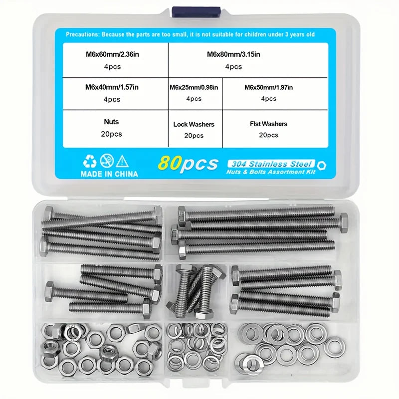 M6 M8 M10 Heavy Duty Bolts And Nuts Assortment Kit, 304 Stainless Steel, Includes 8 Most Common Sizes
