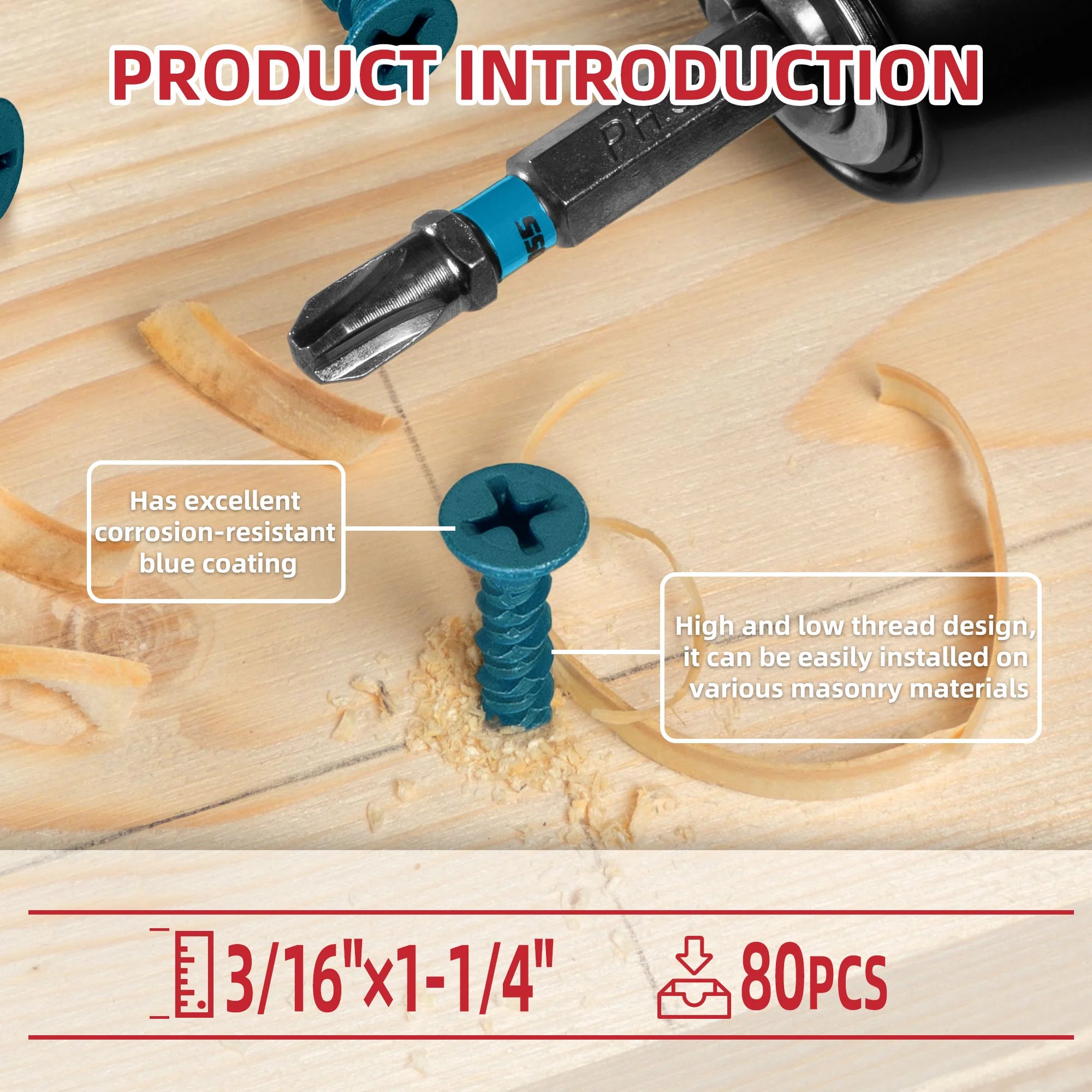 80pcs 3/16" Or 1/4" Concrete Screw Anchor, Blue Flat Head Screws for Anchoring to Masonry Brick Block Cement Or Stucco