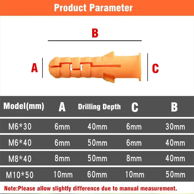 100-400pcs Ribbed Plastic Expansion Pipe M6 M8 M10 Rubber Plug plastic pipe Nylon Column Expansion Screw Anchor Plug Wall plugs