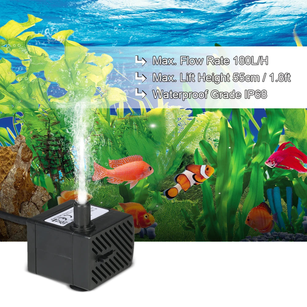 180L/H 2.5W Submersible Water Pump for Aquarium Tabletop Fountains Pond Water Gardens and Hydroponic Systems AC220-240V