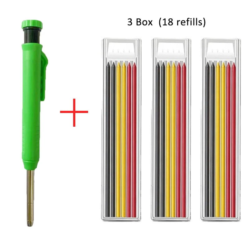 Solid Carpenter Pencil with Refill Lead and Built-in Sharpener for Deep Hole Mechanical Pencil scribing Marking Woodworking Tool