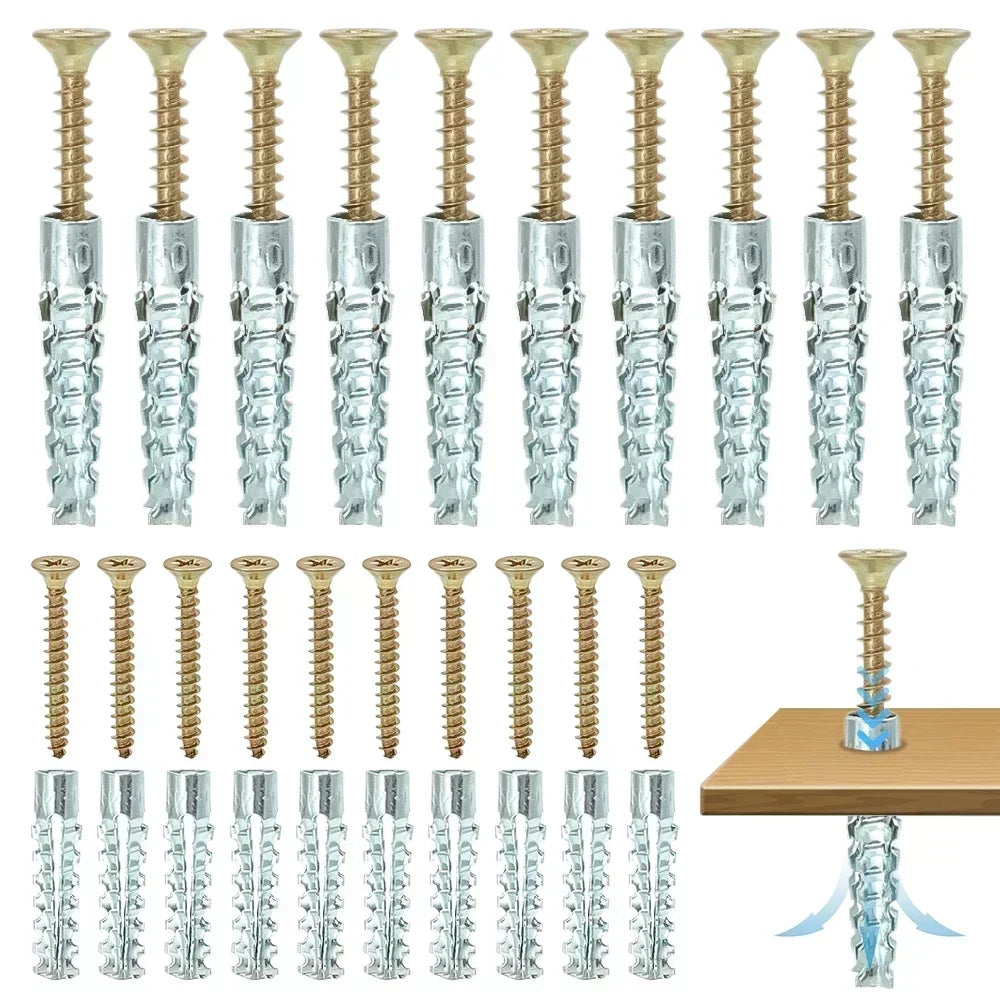 100/10sets Metal Serrated Expansion Tube Self Tapping Screws Pipe Drilling Plug for Concrete Wall Anchors Fasteners Bolt Kits