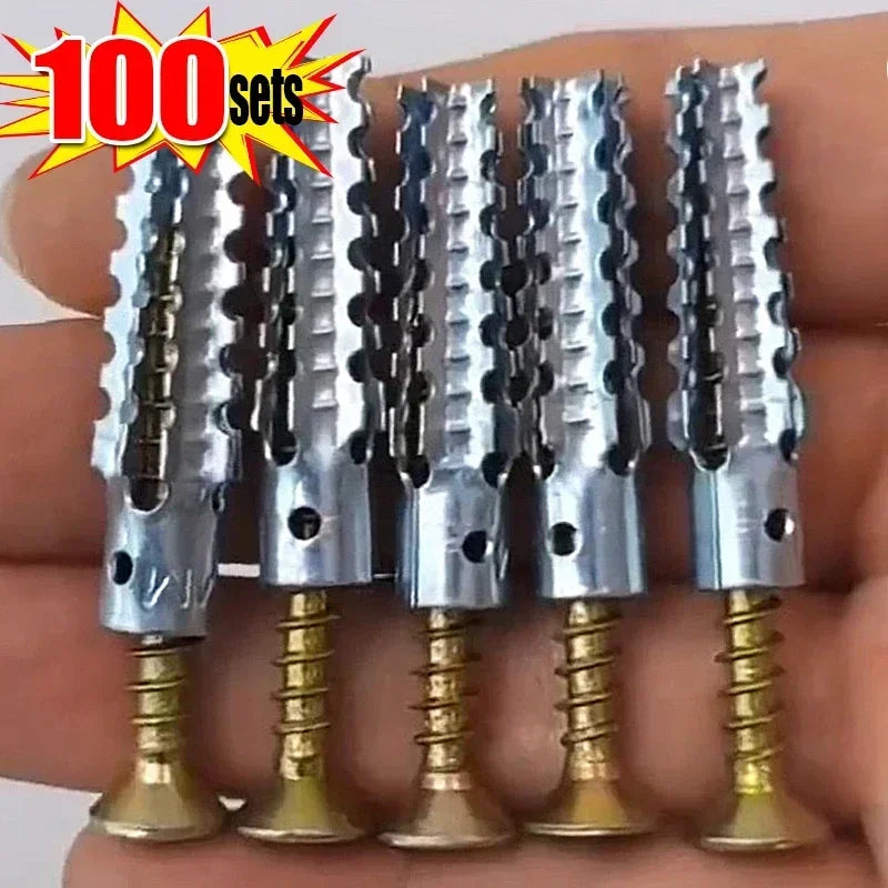 100/10sets Metal Serrated Expansion Tube Self Tapping Screws Pipe Drilling Plug for Concrete Wall Anchors Fasteners Bolt Kits