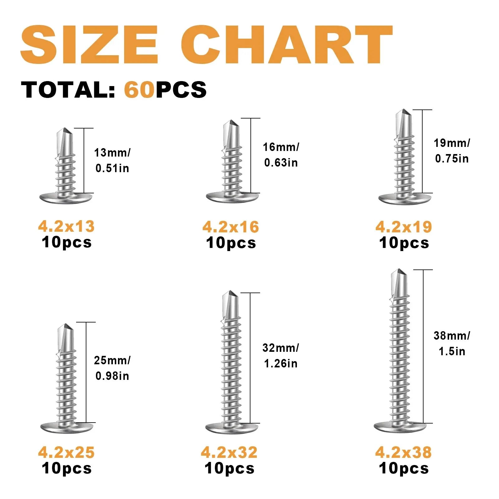 Improved Truss Head Stainless Steel #8 Self-Tapping Screw Assembly Kit For Metal, Plastic, Aluminum,60Self-Drilling Screws