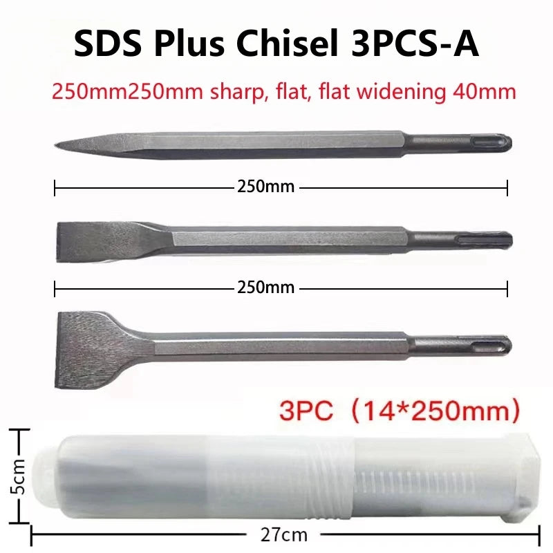 250mm Chisel Set SDS Plus Shank Electric Hammer Drill Bit Point Groove Flat Chisel Masonry Tools for Concrete Brick Wall Rock
