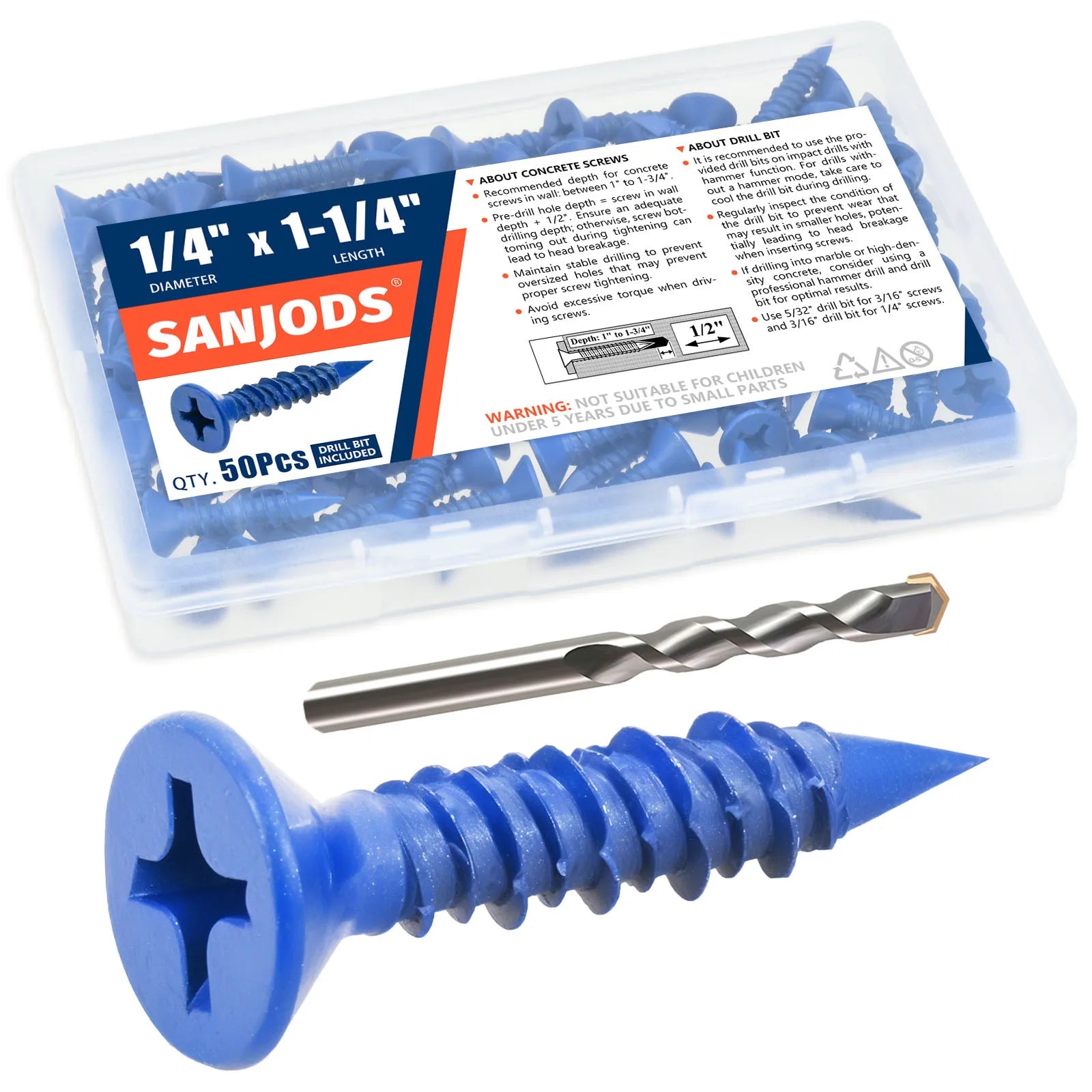 3/16" or 1/4" Concrete Screw Anchor Blue Flat Head Screws for Masonry Brick Block Cement Stucco (Boxed with Drill Bit)