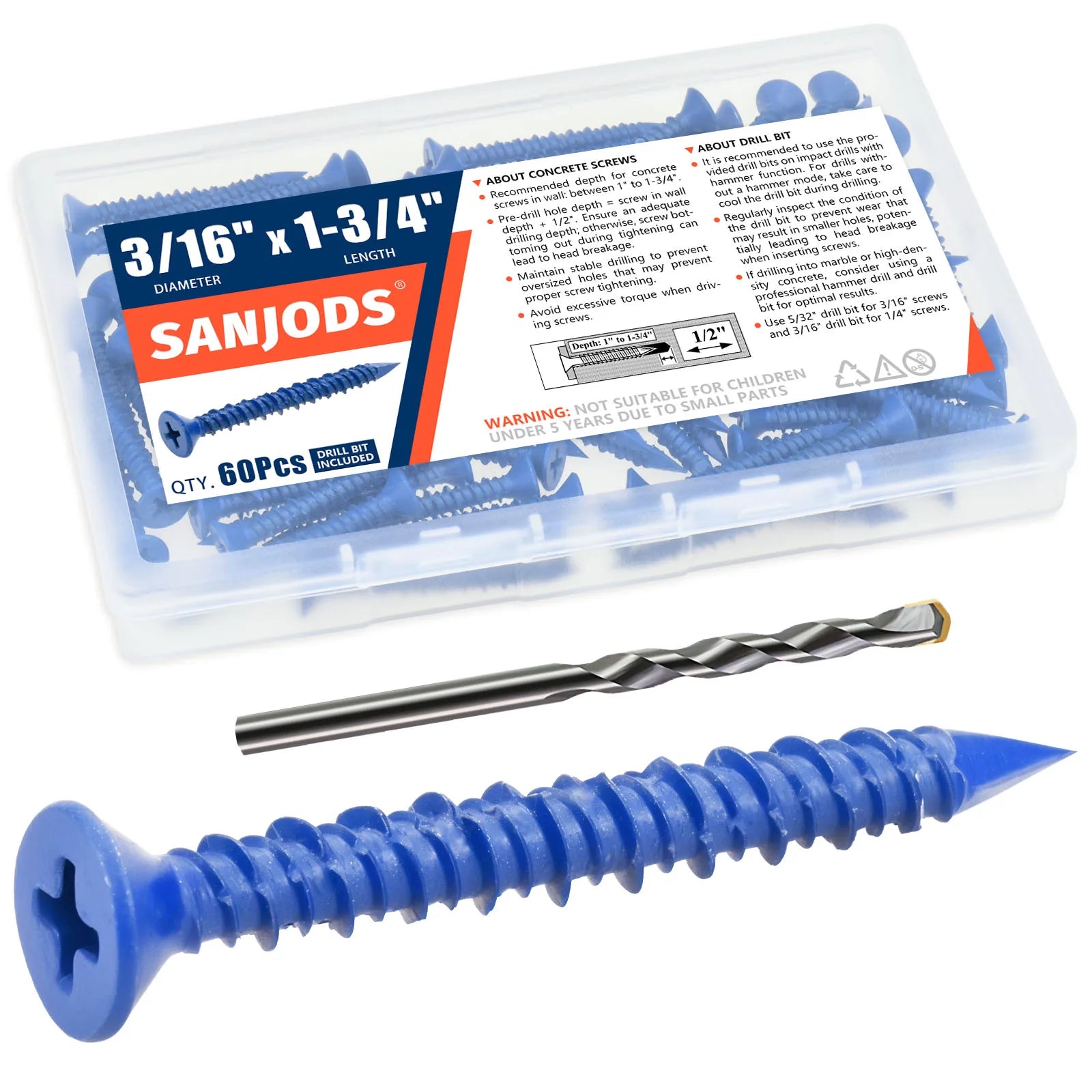 3/16" or 1/4" Concrete Screw Anchor Blue Flat Head Screws for Masonry Brick Block Cement Stucco (Boxed with Drill Bit)