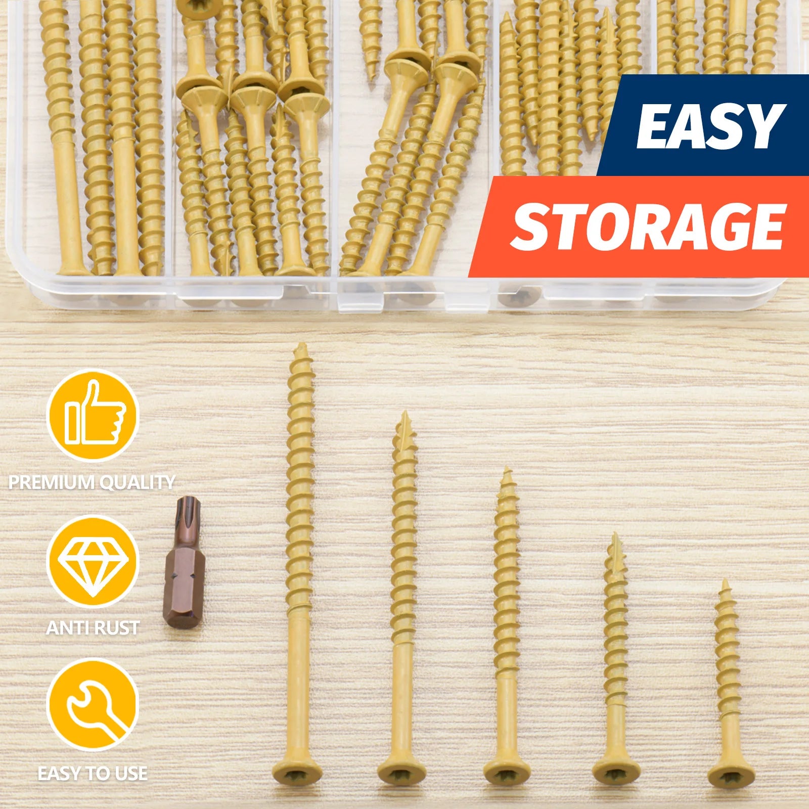 Wood Screws Assortment Kit 45pcs Rust Resistant Deck Screw Exterior Epoxy Coated Outdoor Decking Screws Torx Star Drive Head Tan