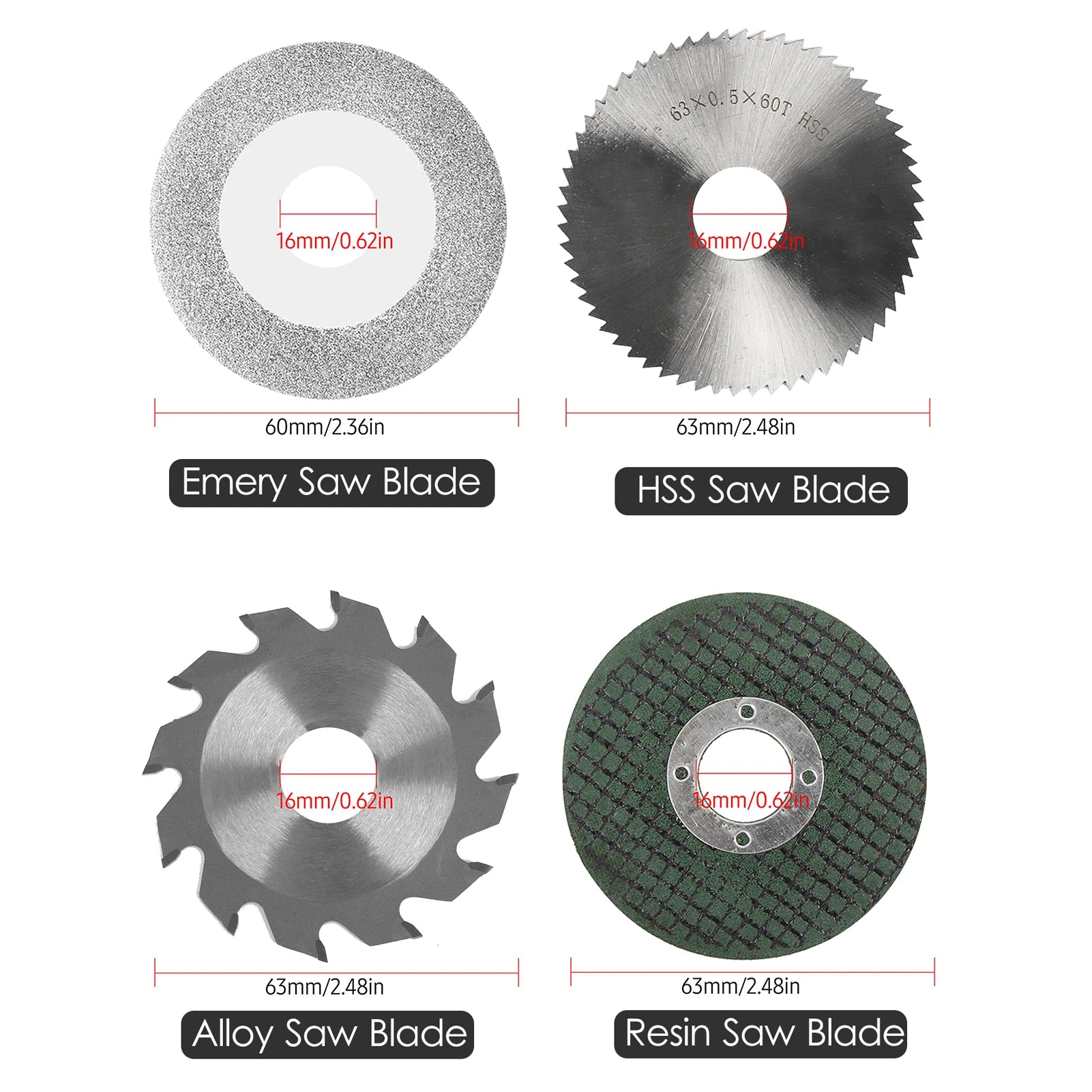 Chainsaw Blade Set  4PCS 2.5in 63mm Resin Saw Blade 60mm Emery Saw Blade 2.5inch 63mm HSS Saw Blade 2.5inch 63mm Alloy Saw Blade
