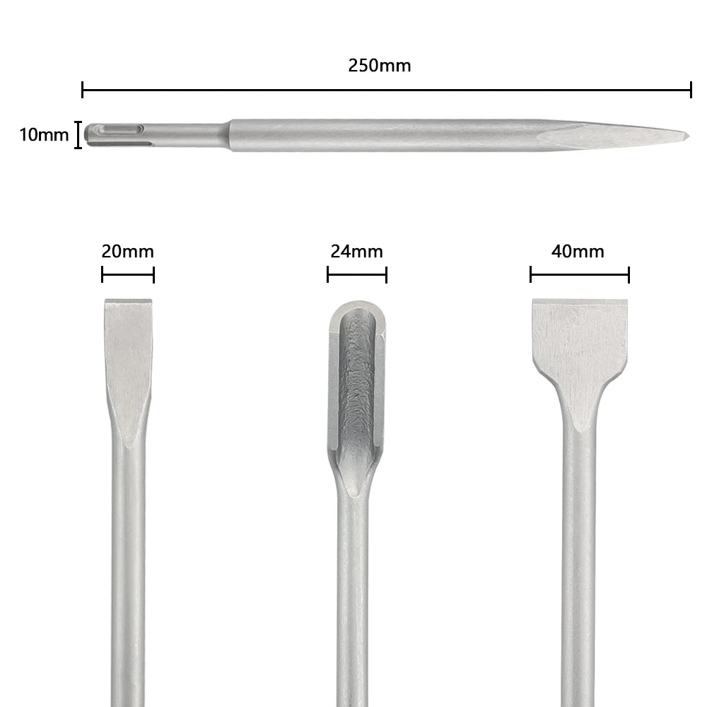 250mm Chisel Set SDS Plus Shank Electric Hammer Drill Bit Point Groove Flat Chisel Masonry Tools for Concrete Brick Wall Rock