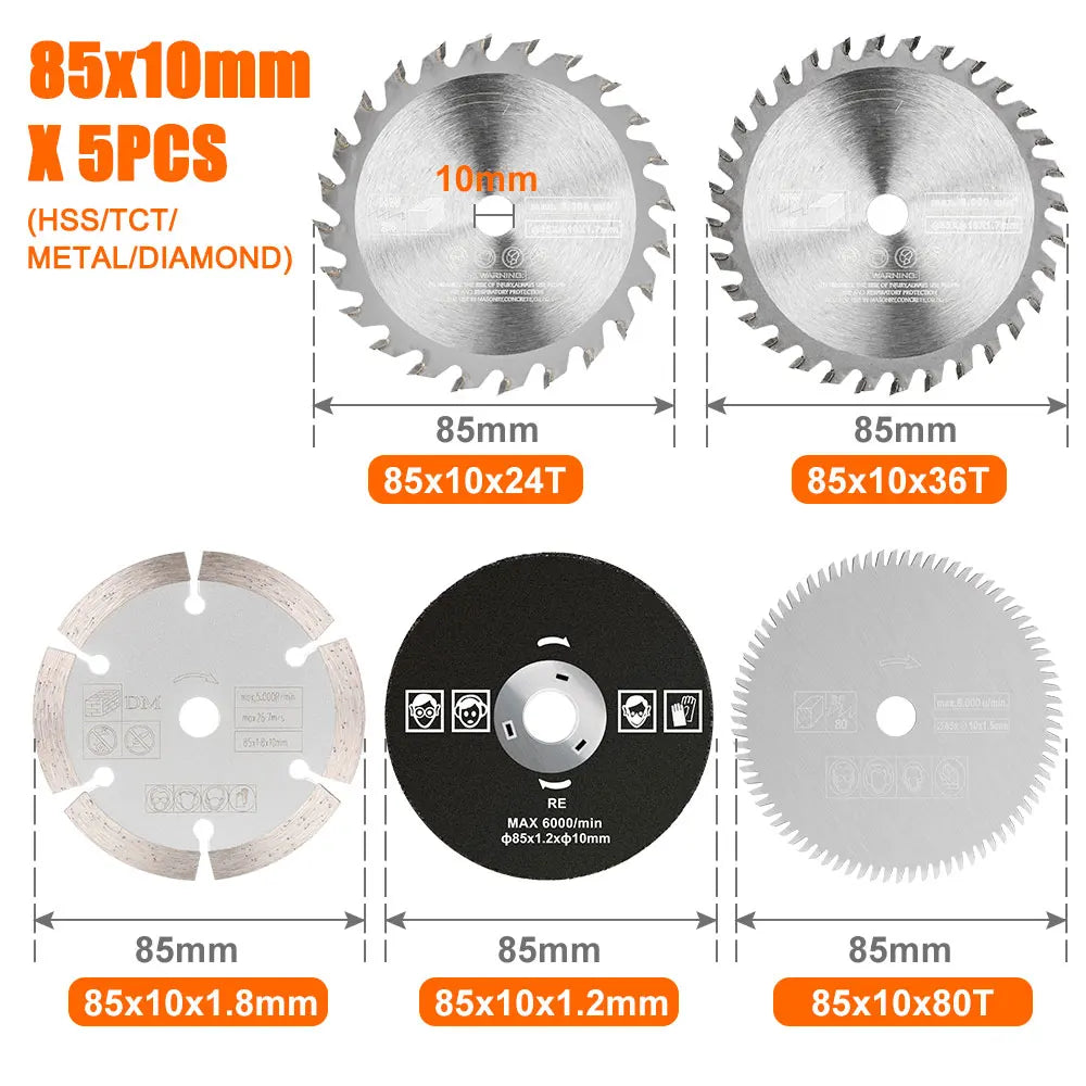 XCAN 5pcs 85mm Cutting Tool Wood Saw Blades for Multi-function Power Tool Circular Saw Blade Bore 10mm 15mm Wood Cutting Disc