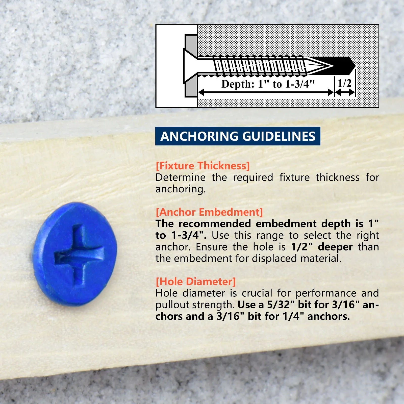 3/16" or 1/4" Concrete Screw Anchor Blue Flat Head Screws for Masonry Brick Block Cement Stucco (Boxed with Drill Bit)