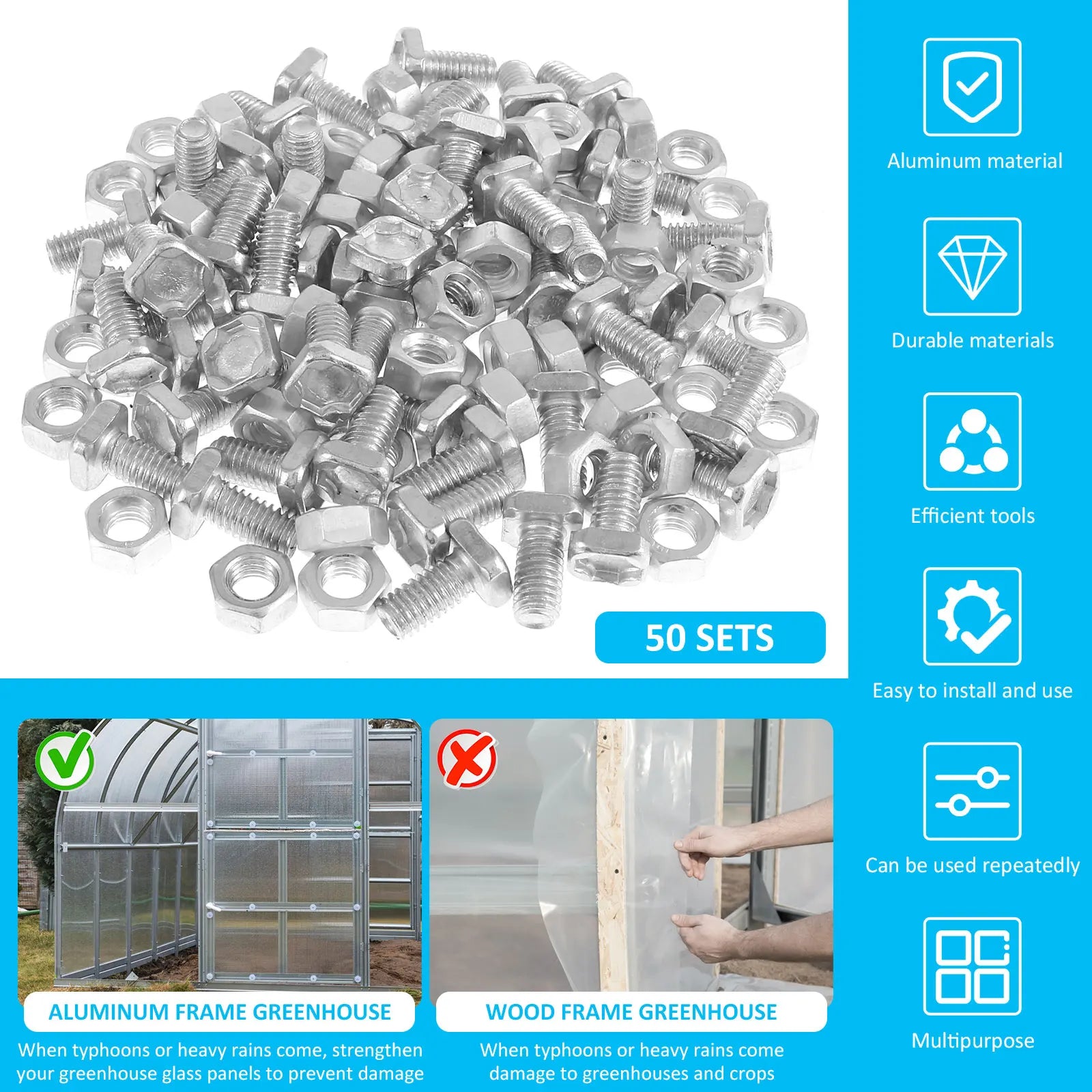 50Pcs Greenhouse Bolts Nuts Set Aluminum Bolts and Nuts Tool Accessory Set Sturdy Greenhouse Accessories for Greenhouse Supplies