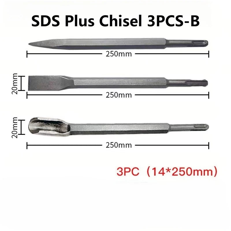 250mm Chisel Set SDS Plus Shank Electric Hammer Drill Bit Point Groove Flat Chisel Masonry Tools for Concrete Brick Wall Rock