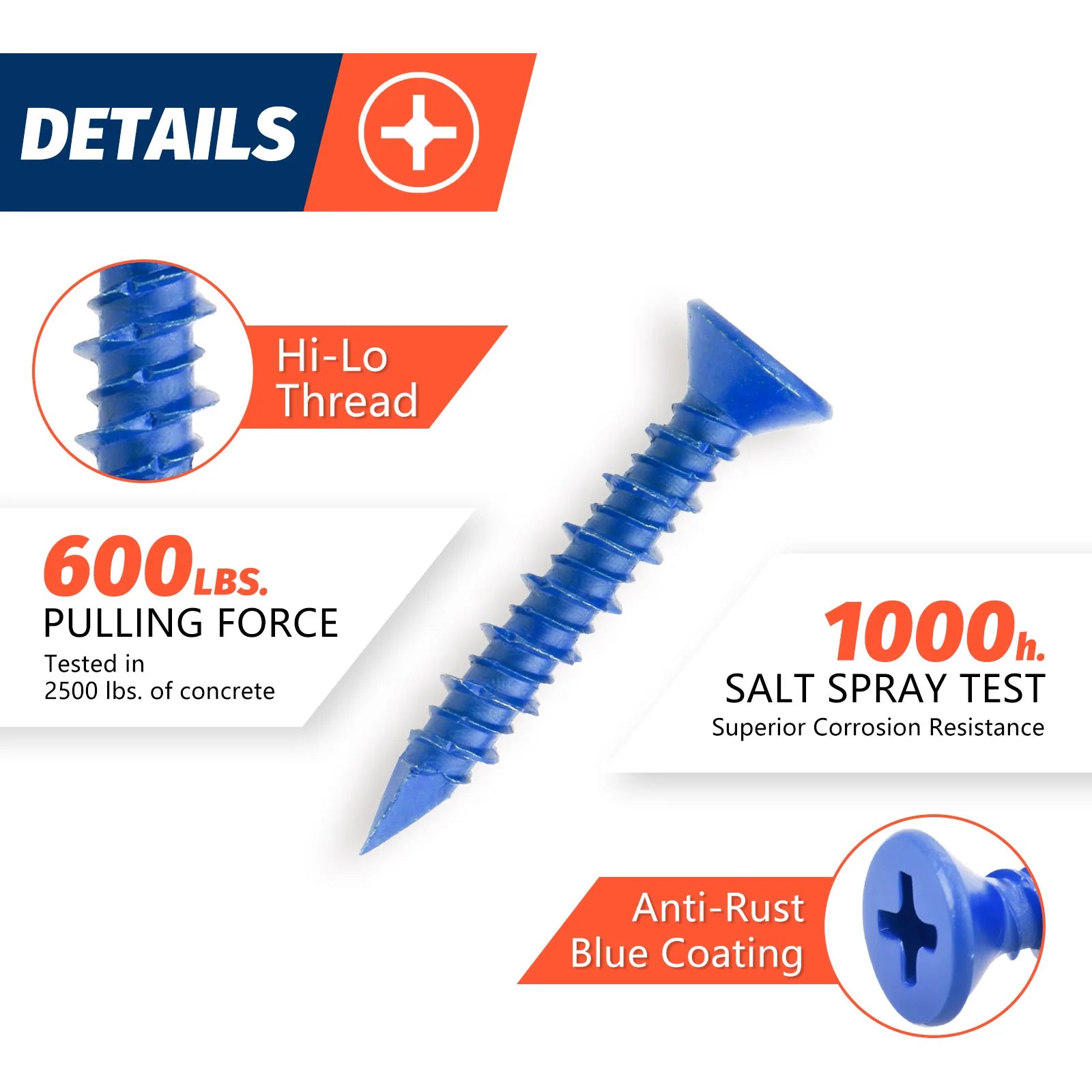 3/16" or 1/4" Concrete Screw Anchor Blue Flat Head Screws for Masonry Brick Block Cement Stucco (Boxed with Drill Bit)